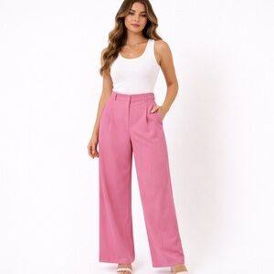 Chic Pink Wide Leg Trousers High Waist Elegant Tailored Size M